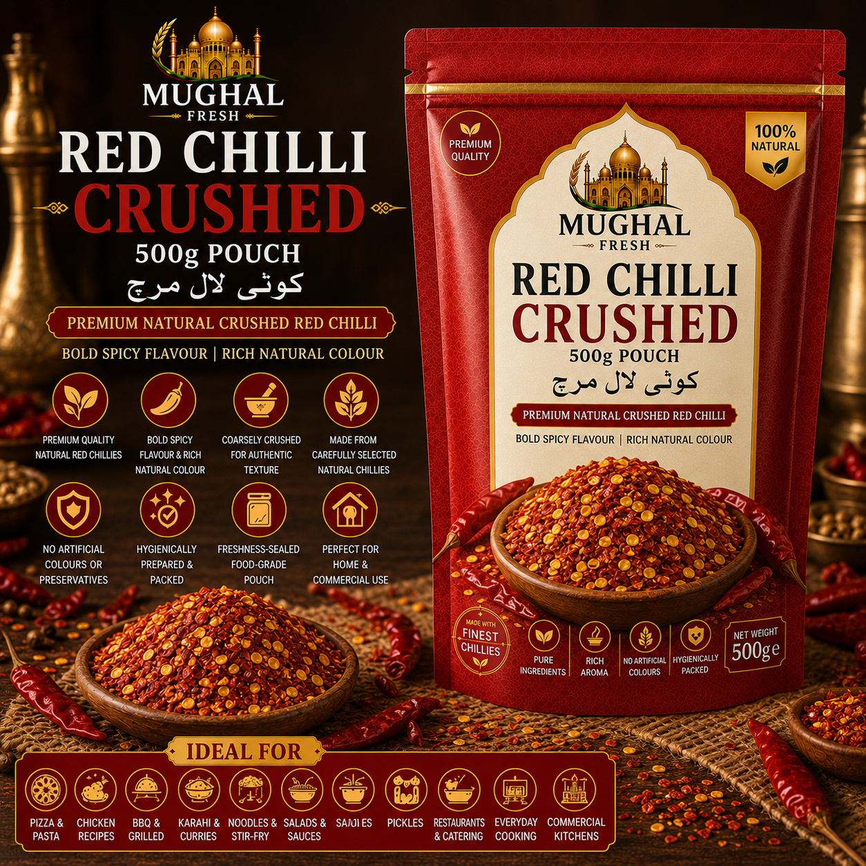 Red Chilli Crushed – 500g Pouch | Premium Natural Crushed Red Chilli